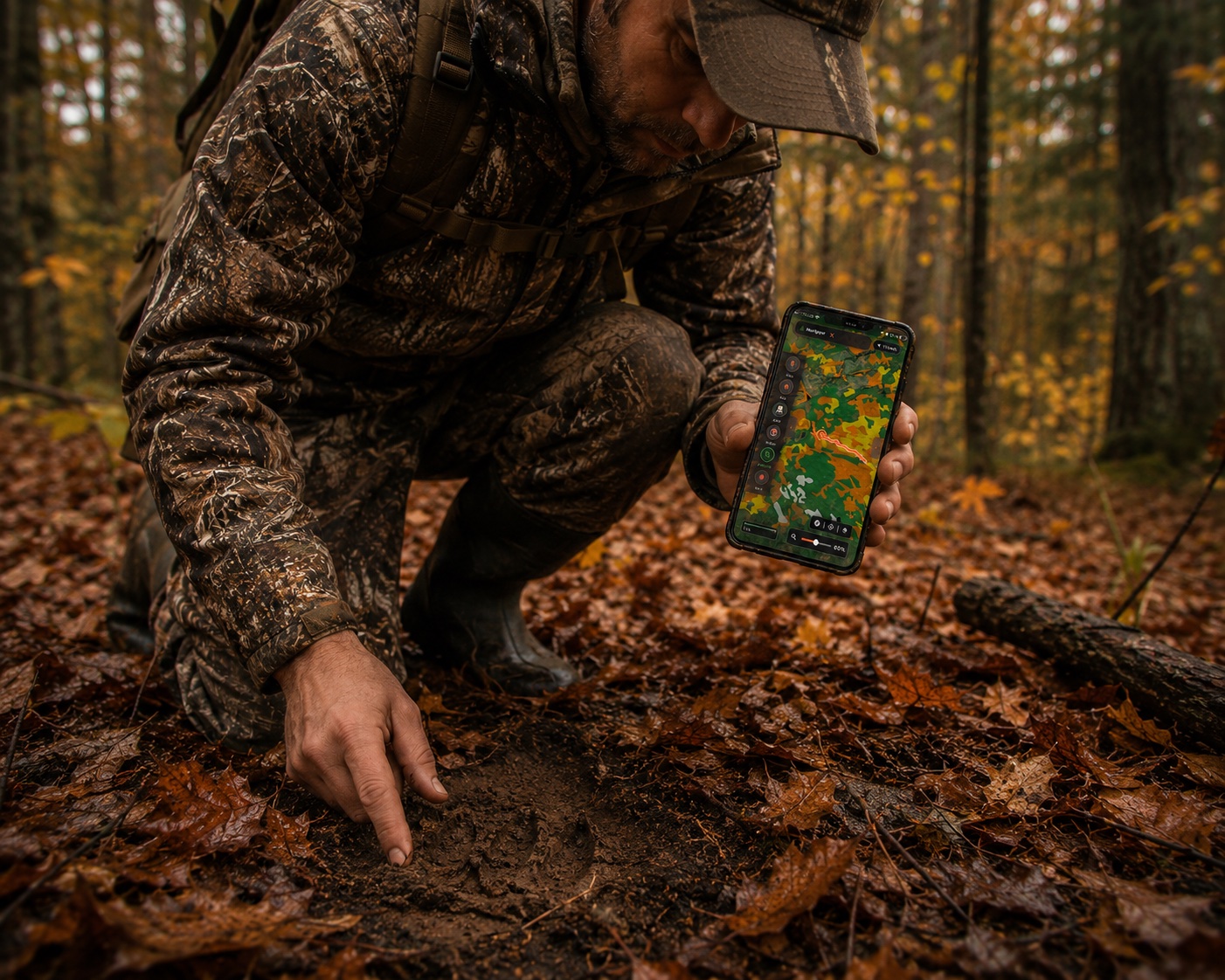 Chasseur en forêt avec l'app